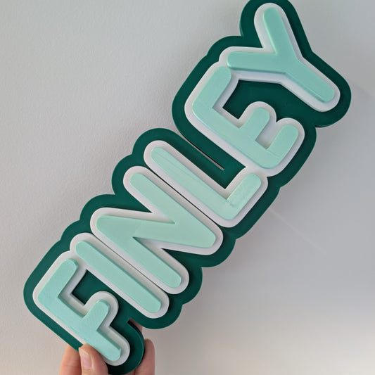 Hand holding a decorative sign with 'FINLEY' on a plain background