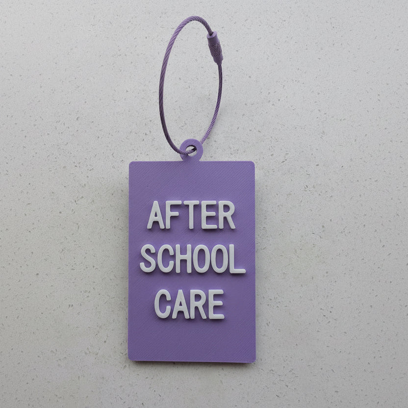 Purple tag with 'After School Care' text on a gray background