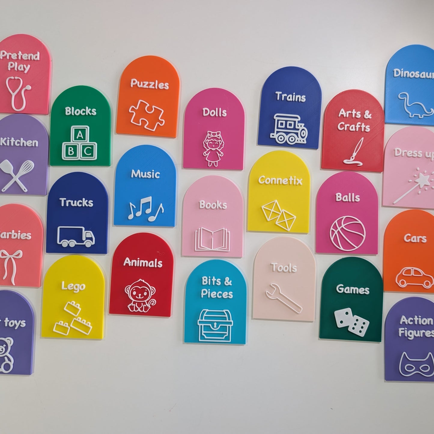 Colorful labels with icons and text on a white background