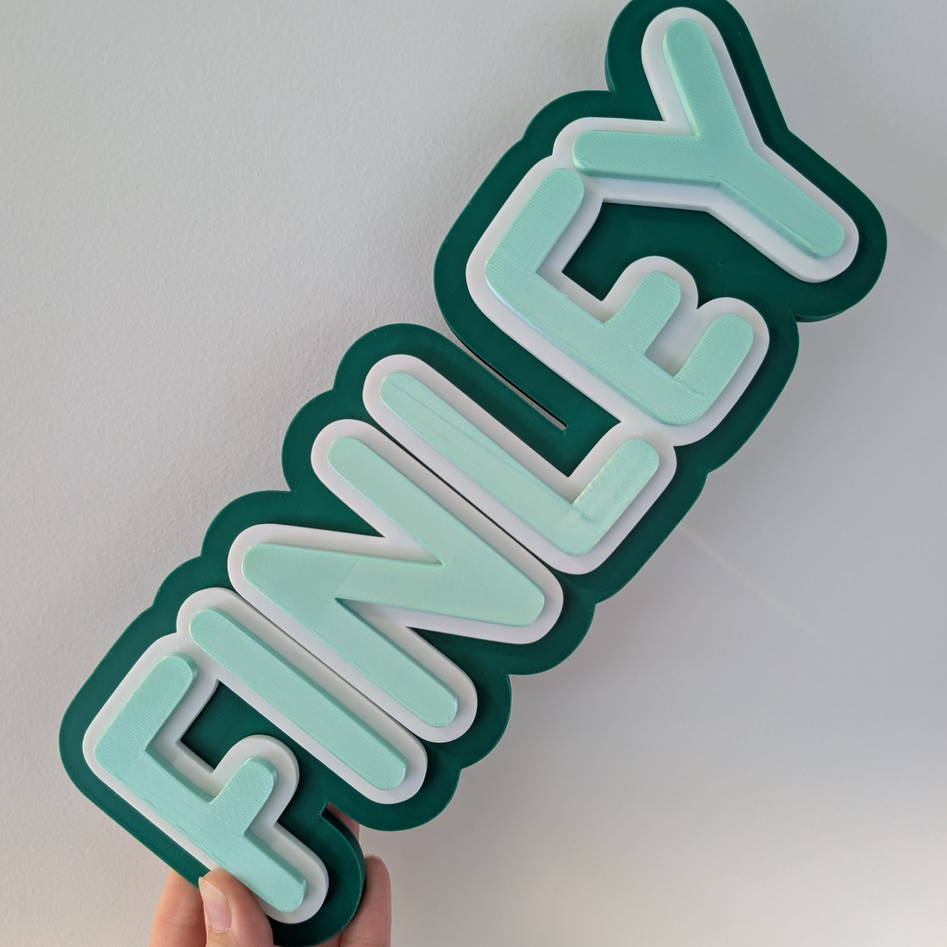 Hand holding a decorative sign with 'FINLEY' on a plain background