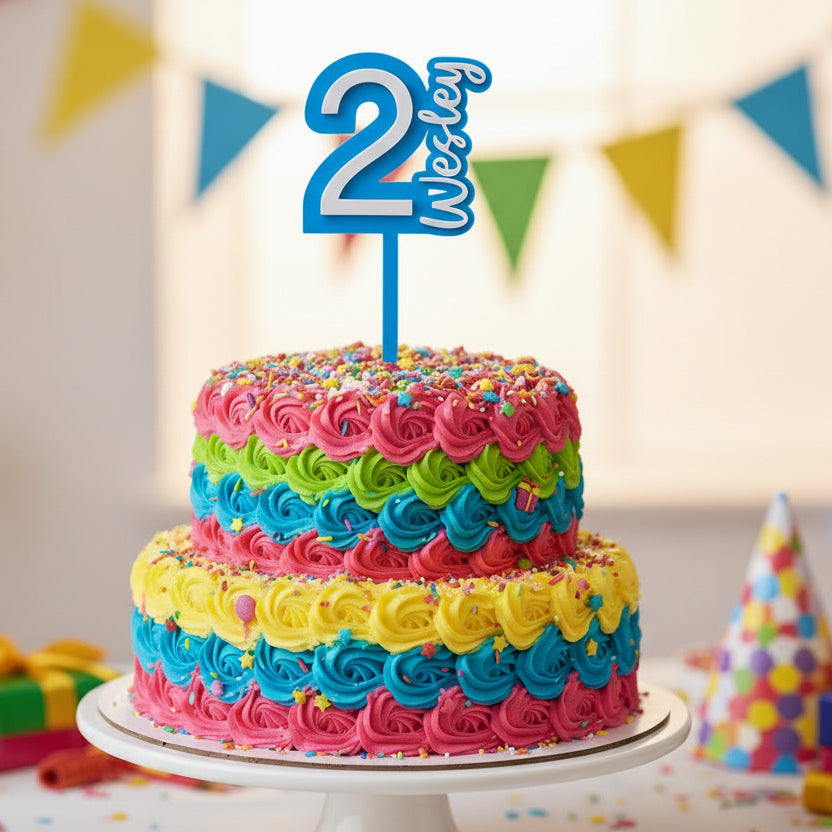 Blue cake topper with number '2' and name 'Wesley' on a gray background