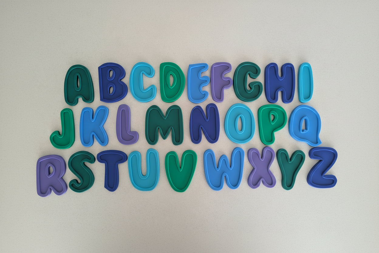 dino daydream colourful letters alphabet set on white background