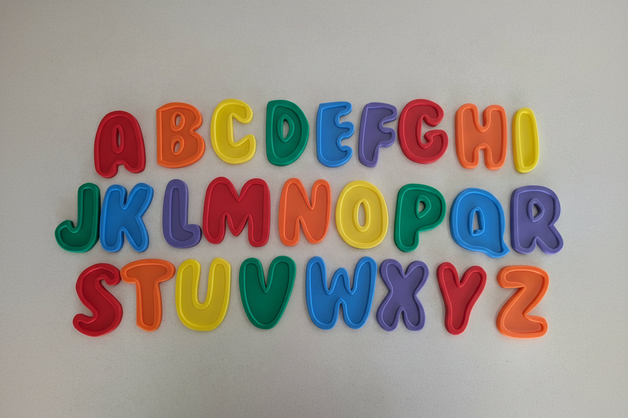 Colorful alphabet letters on a light gray background