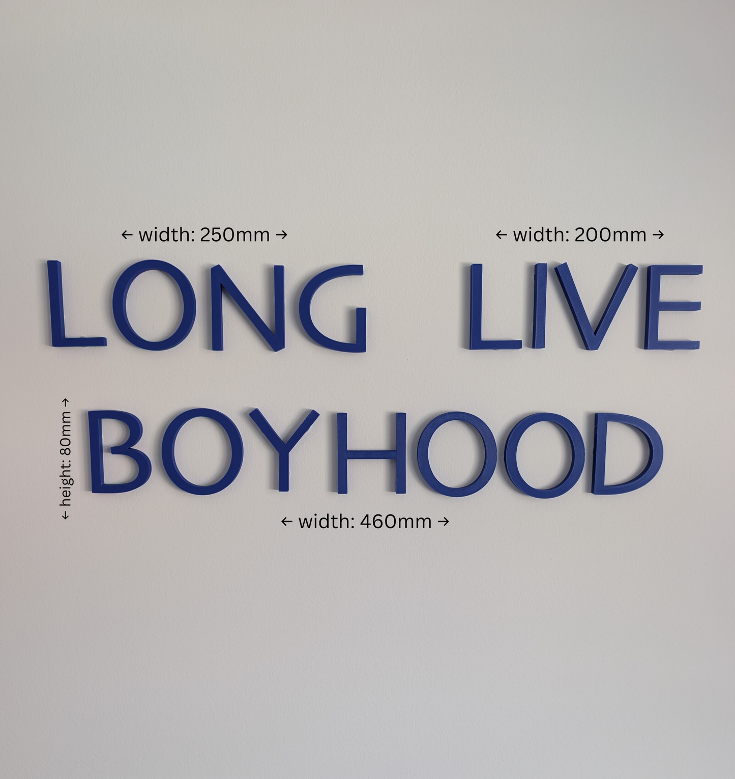 Text 'LONG LIVE BOYHOOD' with dimensions on a gray background