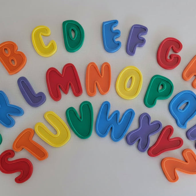 Colorful alphabet letters scattered on a light gray background