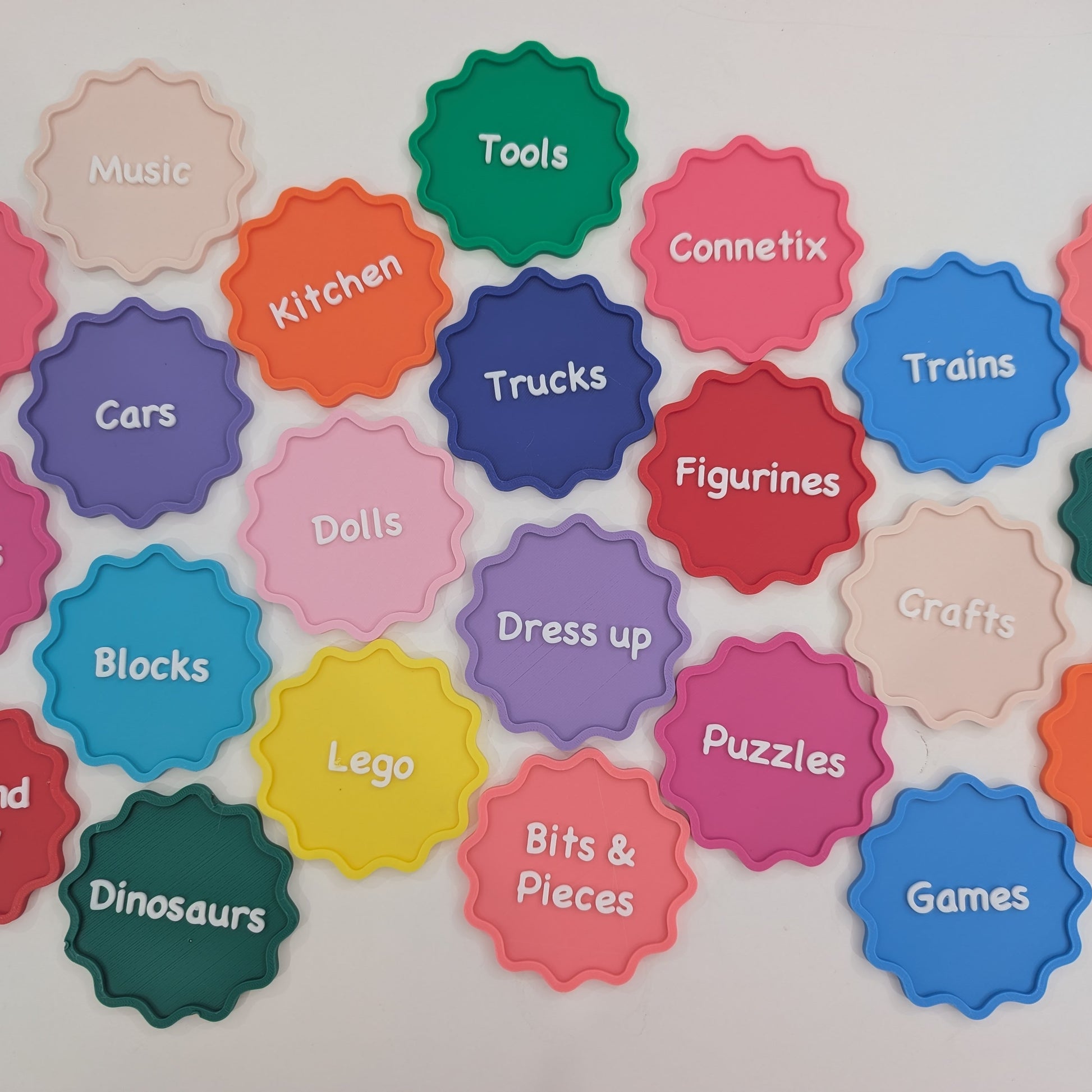 Colorful labels with text on a white background