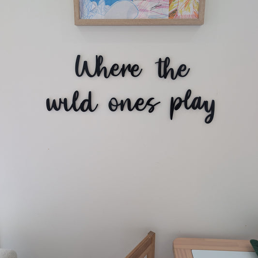 Decorative wall art with 'Where the wild ones play' text on a plain wall.