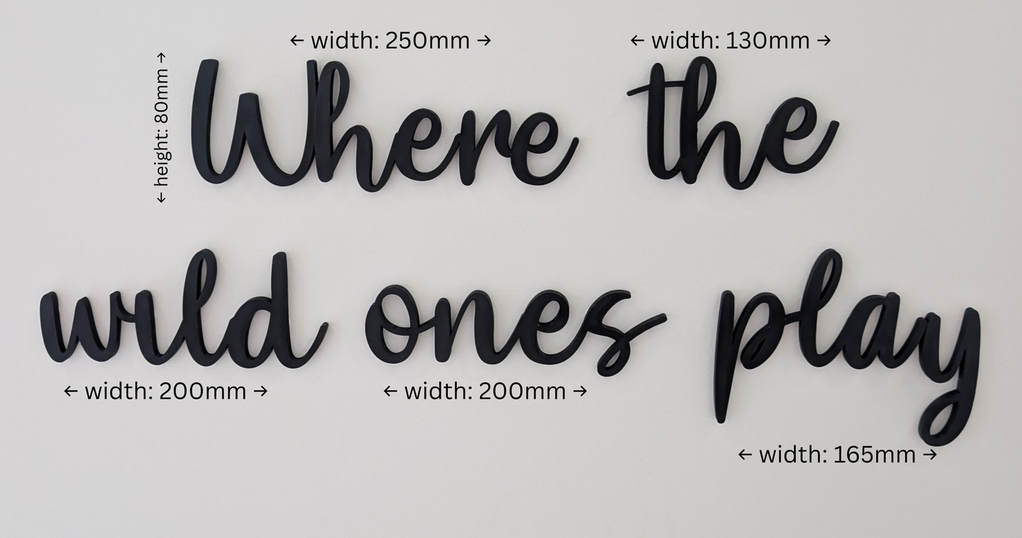 Black text 'Where the wild ones play' with measurements on a white background
